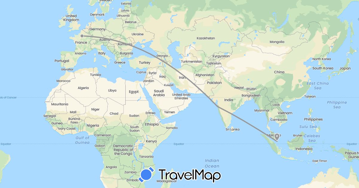 TravelMap itinerary: driving, plane in France, India, Singapore (Asia, Europe)